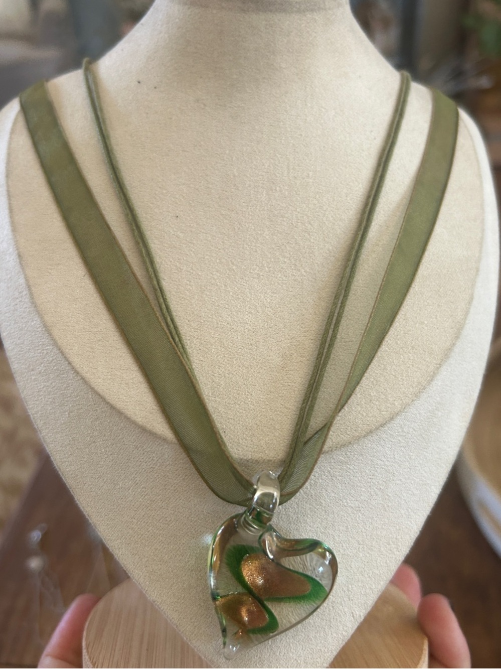 & Other Stories Olive Ribbon Heart Glass Pendant Necklace